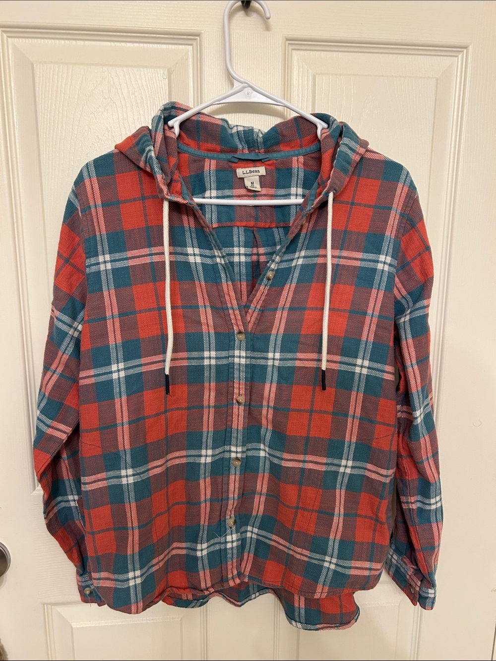 L.L. Bean Salmon & Teal Plaid Hooded Flannel Shirt